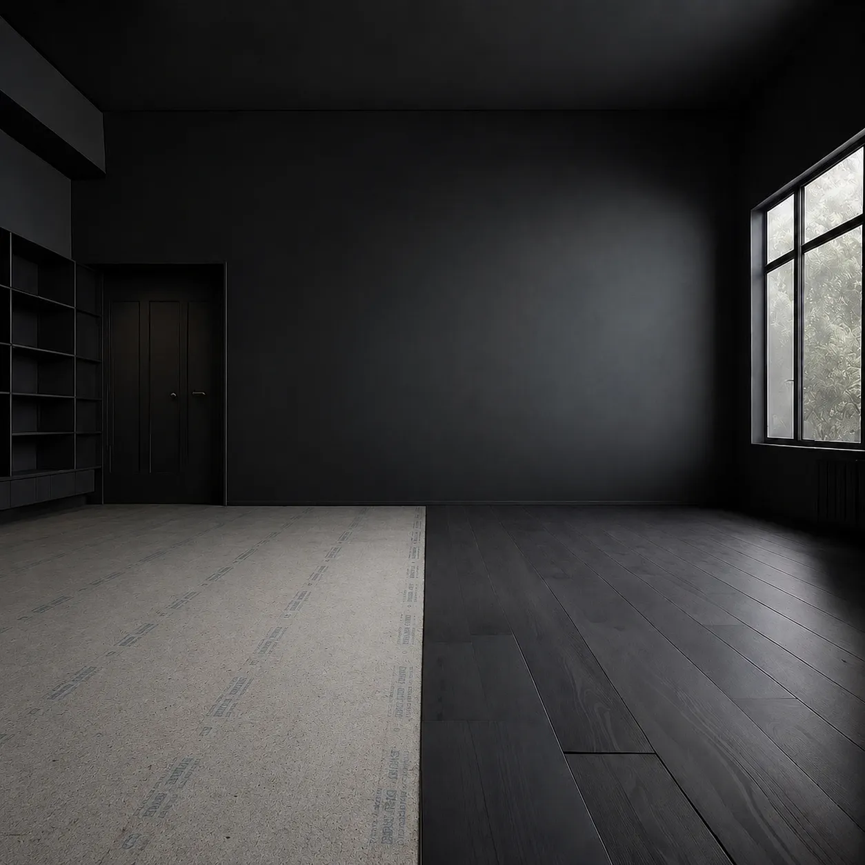 Pose de parquet en cours, sous-couche visible