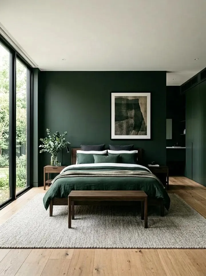 Chambre aux murs vert profond
