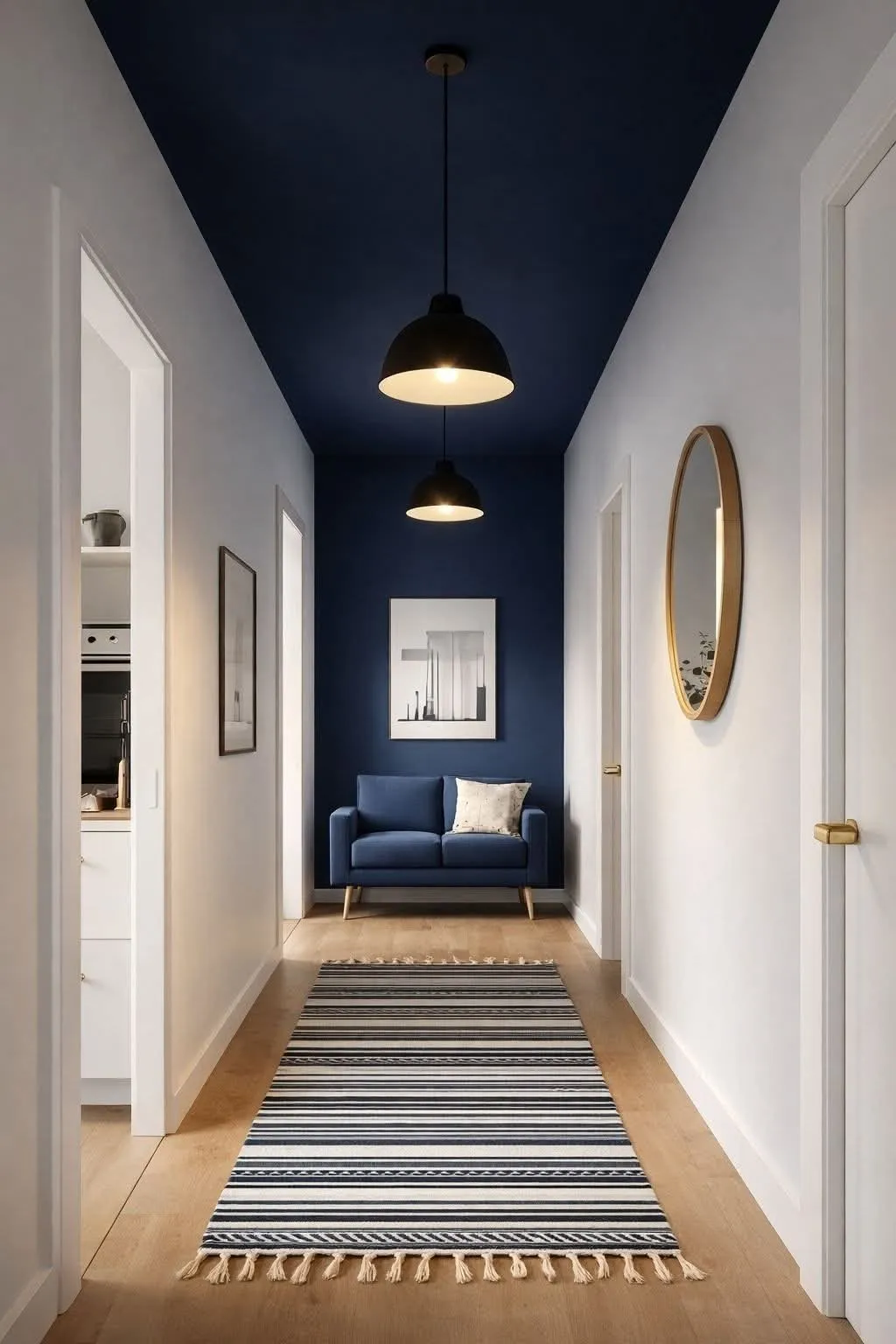 Couloir au plafond peint en bleu nuit