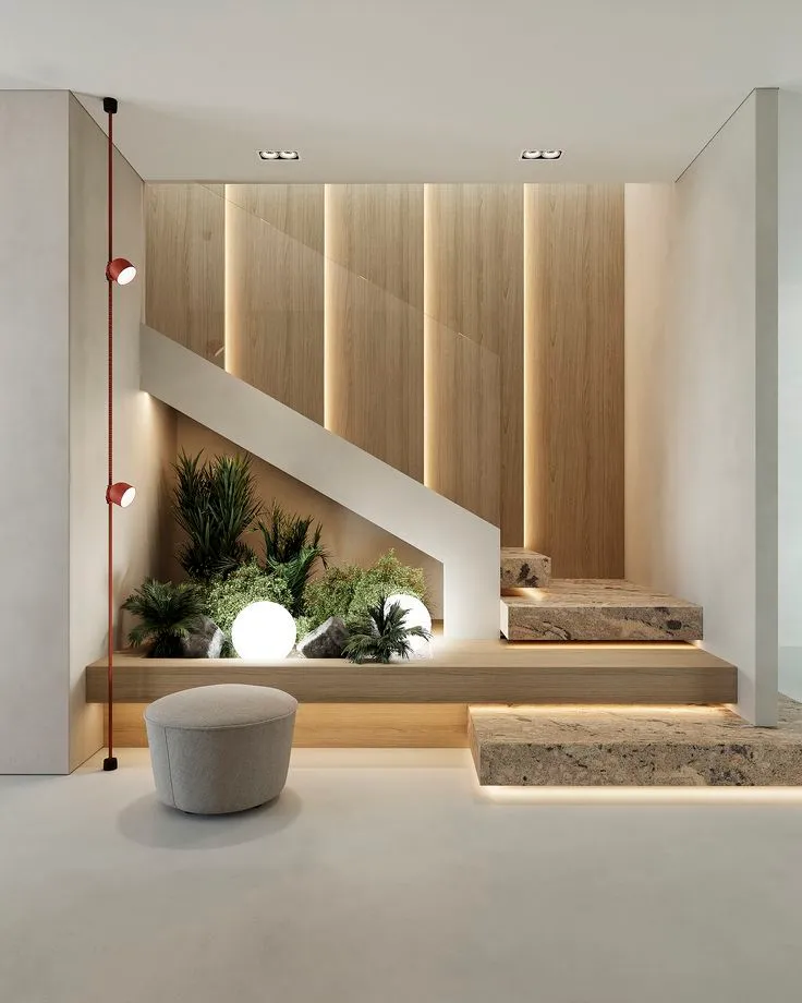 Escalier habillé de bois avec éclairage intégré